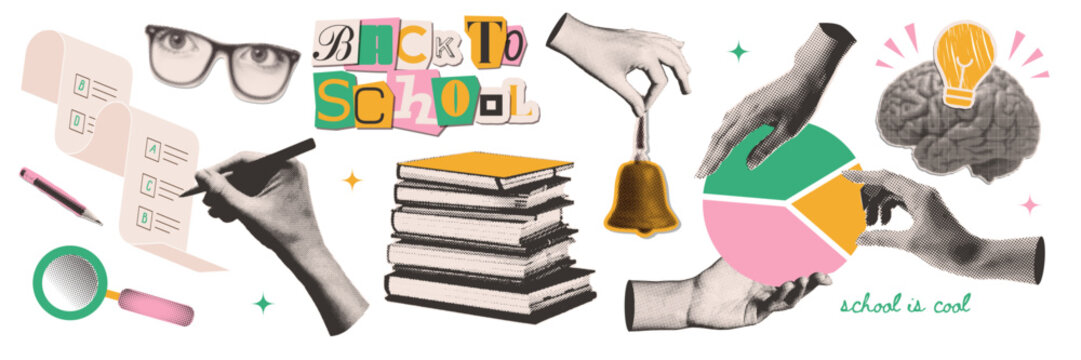 Back to School collage elements set on transparent background with halftone torn out stickers - stack of books, brain, hand writing, pencil and torn paper, evoking excitement for school. Vector