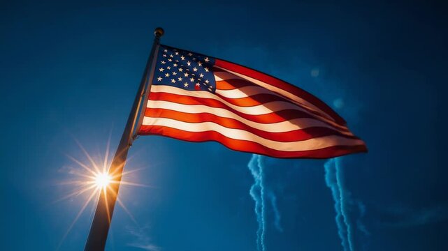 Launching fireworks behind US flag causing fluttering under street lamp glow, honoring freedom