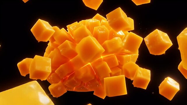 Orange Mango Cubes Exploding On Black Background with Floating Fragments Displaying Refreshing Fruit Detail