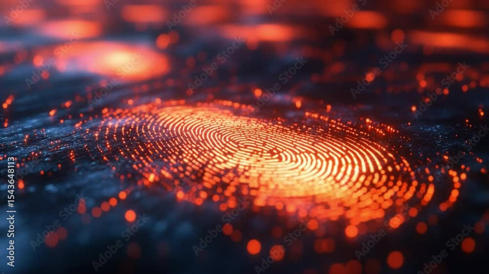 Poster fiery fingerprint: abstract digital fingerprint glowing with fiery orange and red hues, suggesting c