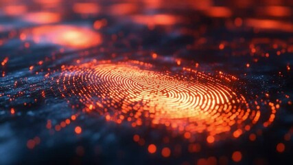 Fiery Fingerprint: Abstract digital fingerprint glowing with fiery orange and red hues, suggesting concepts of identity, security, and digital world. - Powered by Adobe
