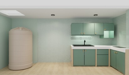 Kitchen, kitchen counter, storage cabinet, 3D illustration