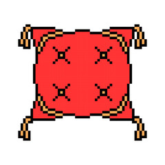 Vector pixel art illustration of a red square cushion pillow with yellow tassels and buttons isolated on white background.