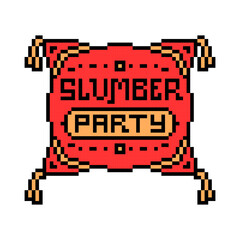 Vector pixel art illustration of a red square throw pillow with yellow tassels and slumber party text embroidery isolated on white background.