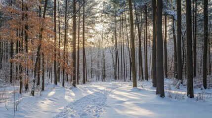 Naklejka premium Snowy Forest Path Winter Wonderland Sunset
