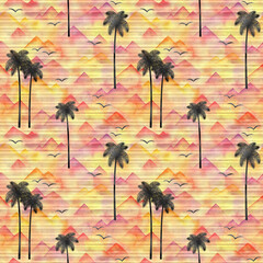 Watercolor seamless pattern with palm trees on sunset colors background
