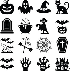 Obraz premium Halloween icon set black and white silhouettes