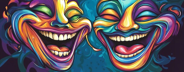 Obraz premium Psychedelic Laughing Masks Digital Art – Vibrant Vector Illustration of Colorful Joyful Faces with Surreal Background