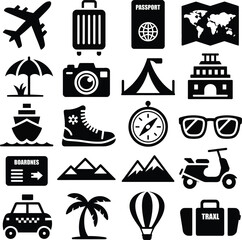 Travel icons set black glyph style