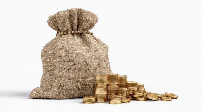 A canvas money bag beside a stack of gold coins
