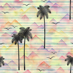 Watercolor seamless pattern with palm trees on multicolor background