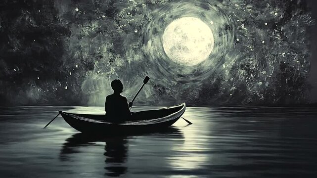 Person in a boat under a full moon