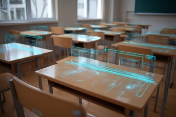 Futuristic Classroom with Holographic Data Overlay on Desks for Enhanced Learning and Interactive Education Experience
