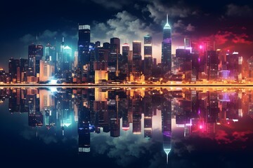 Obraz premium City Lights Reflection: Nighttime cityscape reflecting in a still body of water, creating a magical mirror effect