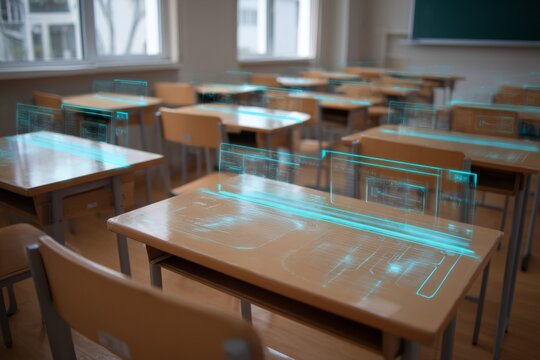 Futuristic Classroom with Holographic Data Overlay on Desks for Enhanced Learning and Interactive Education Experience