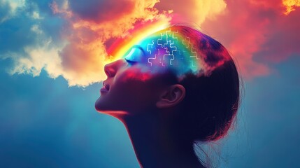 Woman Silhouette  Puzzle Mind  Rainbow  Clouds  Dreamy