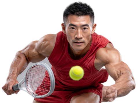 Focused Tennis Athlete: A determined tennis player in mid-action, eyes locked on the ball. This image encapsulates the dynamism and competitive spirit of the sport.