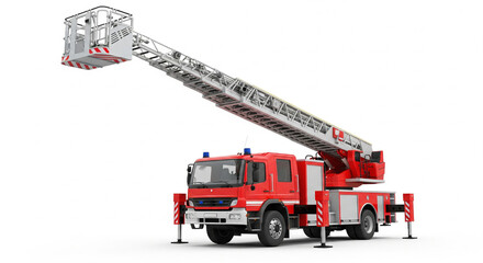 Red Fire Truck with Extended Aerial Ladder Isolated on White Background