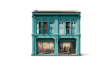 Vibrant Teal Colonial Shophouse with Retail Store Front Isolated on White Background.
