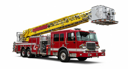 Red Fire Engine with Yellow Aerial Ladder Isolated on White Background