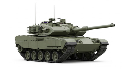 Modern Main Battle Tank (MBT) Military Vehicle Isolated on White Background.