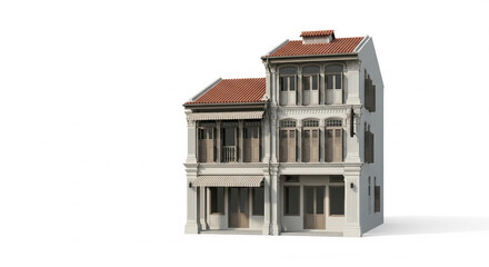 Traditional Peranakan or Sino-Portuguese Colonial Shophouse Isolated on White Background.