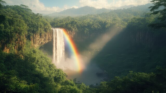 Majestic Waterfall Cascading Through Lush Rainforest with Vibrant Rainbow