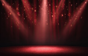 Red stage lit by spotlights, gold stars falling