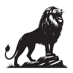 Majestic roaring lion silhouette standing on rocky terrain bold black vector animal design perfect for wildlife, safari, jungle themes, nature decor, and adventure branding.