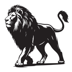 Elegant walking lion silhouette with head turned detailed black vector animal illustration ideal for wildlife artwork, nature prints, animal lovers, and digital crafting.