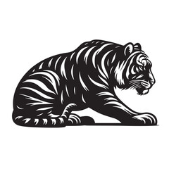 Crouching tiger silhouette in sleek black vector style – ideal for nature cut files, predator designs, digital art, and exotic wildlife products.