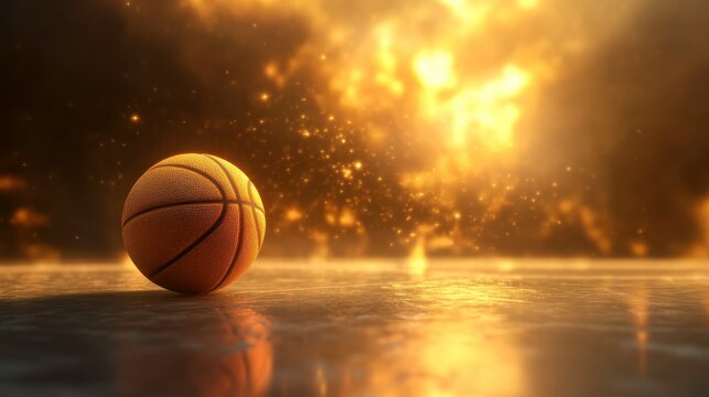 Golden Basketball on Reflective Surface Dramatic Lighting