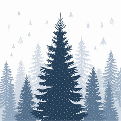 silhouettes of fir trees are set against a background of coniferous spruce pattern