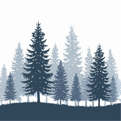 silhouettes of fir trees are set against a background of coniferous spruce pattern