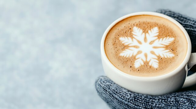 Winter latte art snowflake design in a cozy mug
