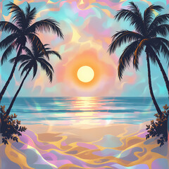 Rainbow pearlescent background with golden watercolor pattern of sunset on the coast with palm trees