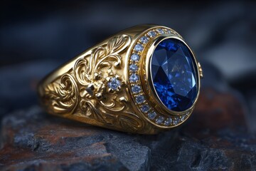 Gold Ring with Blue Gemstone and Diamond Accents