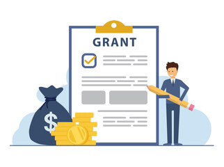 Grant application vector concept. Young man checking grant application on the clipboard