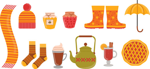 Autumn cozy clipart set. Collection of hand drawn autumn elements with hot drinks, pie, scarf, socks, umbrella, jam. Vector flat illustration.