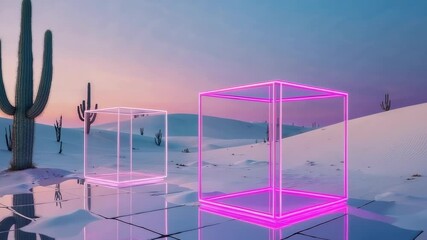 Camera revealing dusk dunes and cacti causing wireframe cubes pulsing then dimming on glossy floor - Powered by Adobe