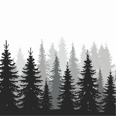 silhouettes of fir trees are set against a background of coniferous spruce pattern