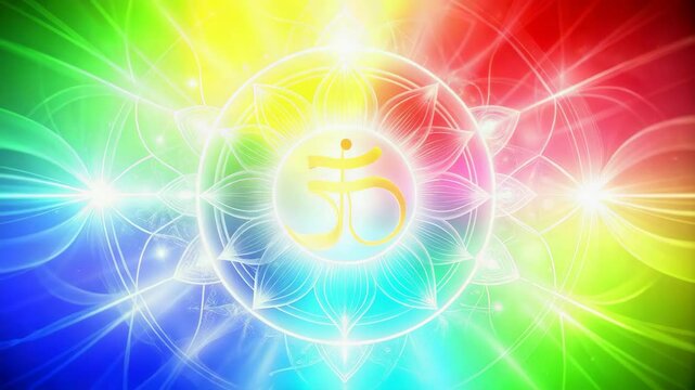 Bright colorful swirling symbol radiating light beams and flower petals.
