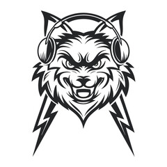 Fototapeta premium Monochrome Wolf Head with Headphones and Lightning Bolts: A Grayscale Illustration for Creative Projects and Designs. 