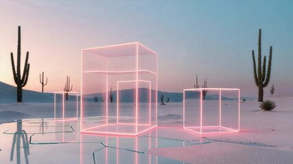 Advancing camera capturing pulsing pink wireframe cubes on salt-flat desert at dusk, focusing cube - Powered by Adobe