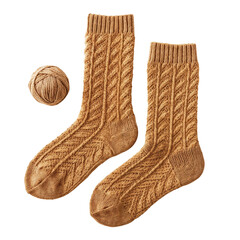 Thick knit socks in warm brown color with yarn ball nearby  