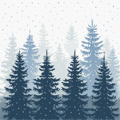 silhouettes of fir trees are set against a background of coniferous spruce pattern