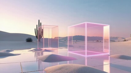 Dawn intensifying pulsing neon wireframe cubes reflecting on desert grid, with cactus, agave - Powered by Adobe