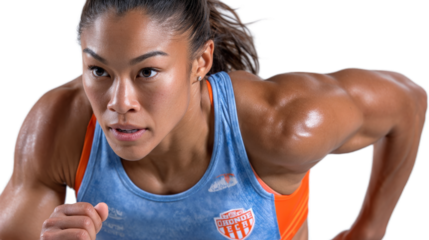 Focused Sprint: A determined athlete charges forward with explosive power, embodying focus and athletic prowess, captured in a dynamic action shot.