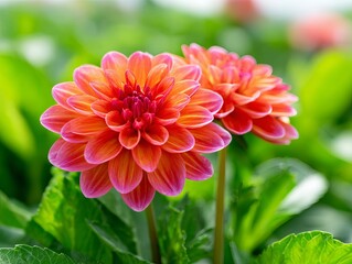 Beautiful dahlia flowers in vibrant colors surrounded by green leaves.