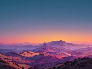 Naklejka premium Stunning sunset over serene mountains and colorful hills.